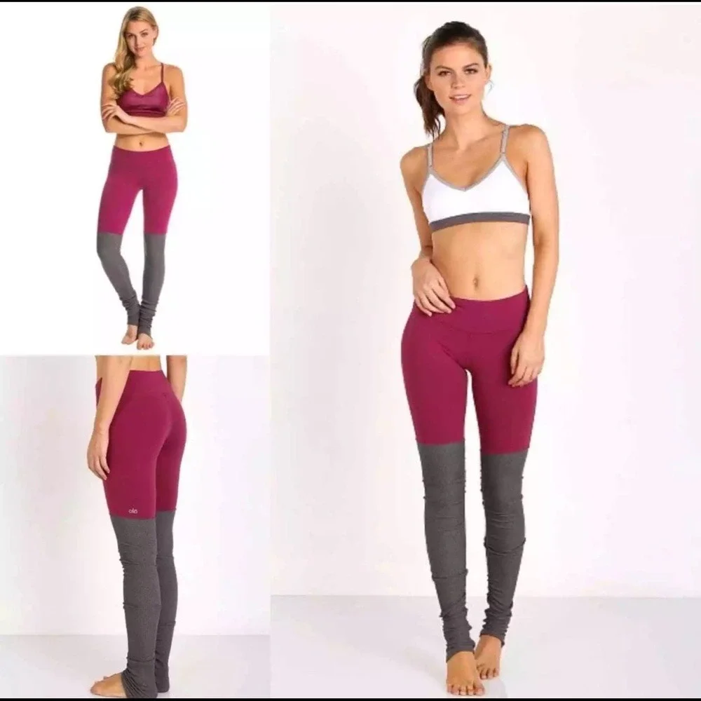 ALO YOGA GODDESS ruched ribbed two-tone color-block stretch knit leggings Xsmall